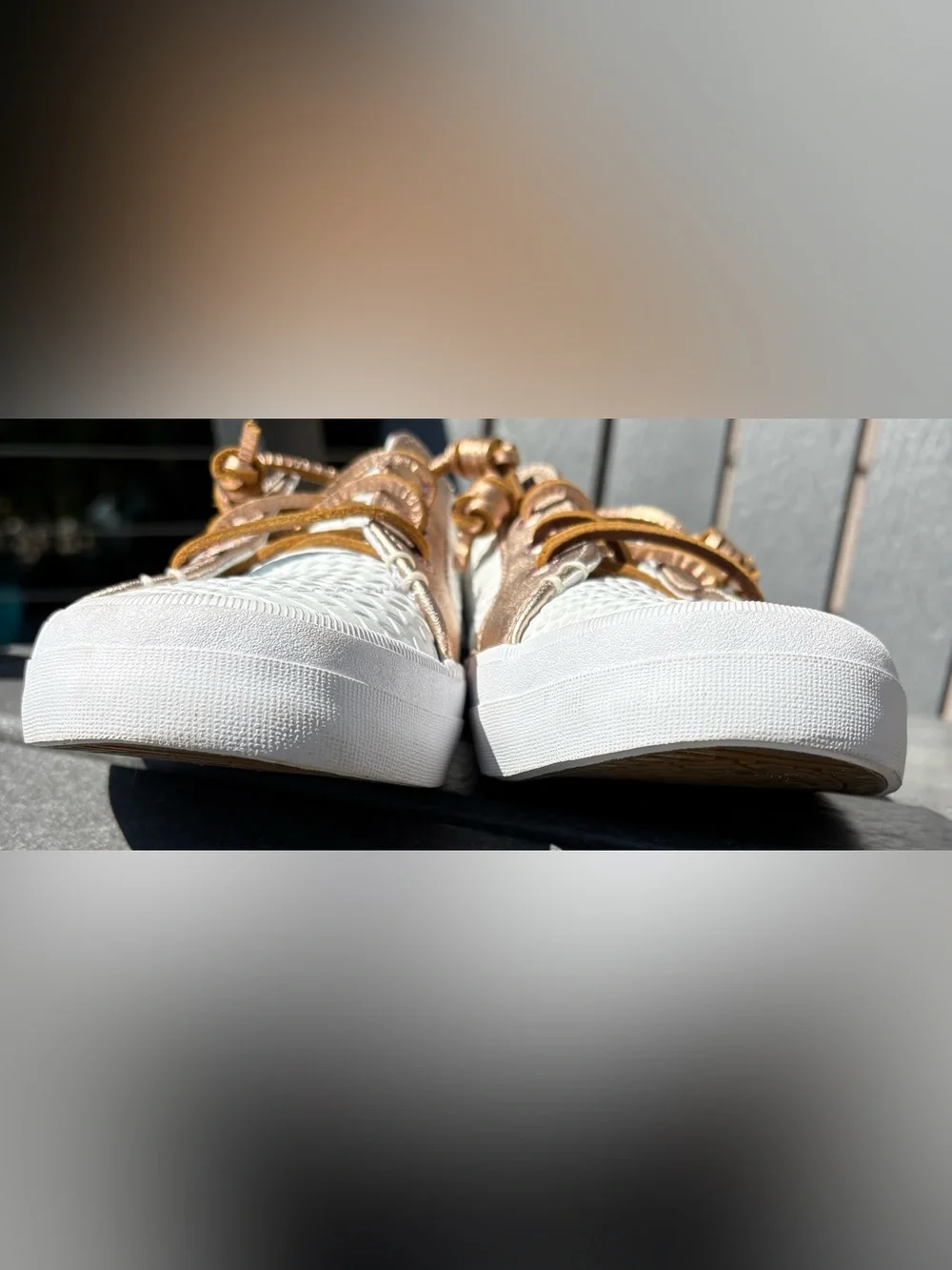 Sperry White Woven Low-Top Sneaker with Metallic Rose Accents